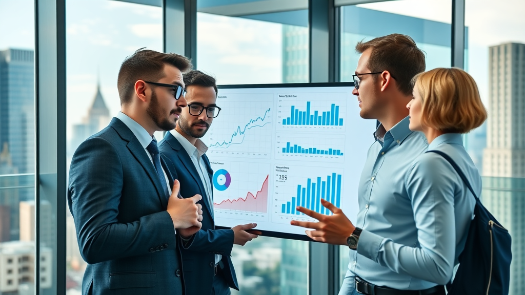 blog content strategy team analyzing digital blog statistics in modern office, Insightful business team, professional and focused, analyzing blog statistics on a large digital screen, cityscape background, dynamic infographics, engaging data presentation
