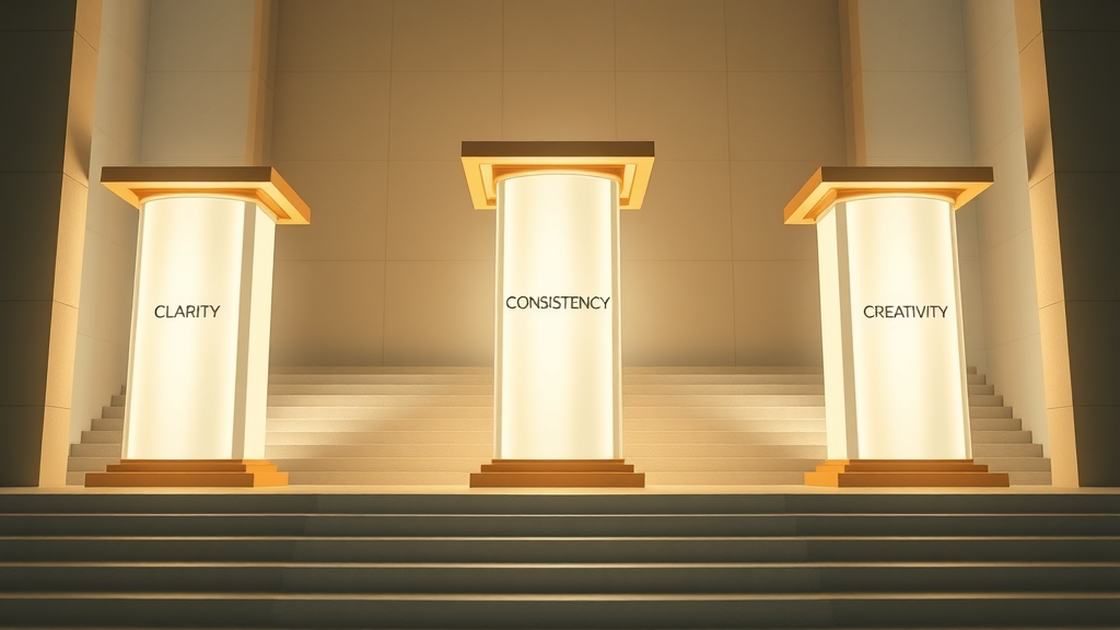 three C’s of blog content strategy, Clarity Consistency Creativity pillars, radiant golden light, minimalist steps