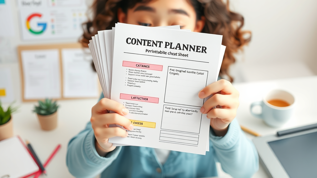 Organized content planner holding a colorful business blogging tips cheat sheet