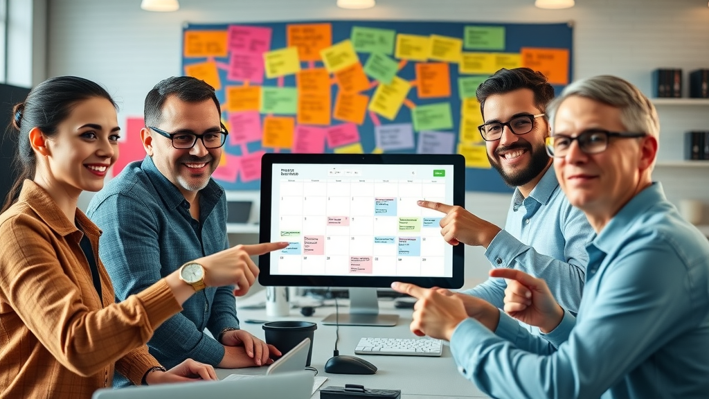 editorial calendar planning for blog content strategy, efficient team, digital calendar, brainstorming wall
