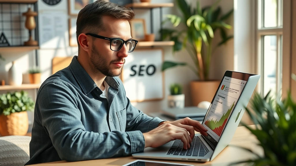 professional blogger focused on blog post optimization and SEO graphs on screen