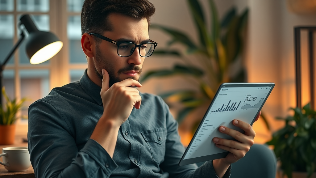 Entrepreneur reviewing business blog analytics and performance charts