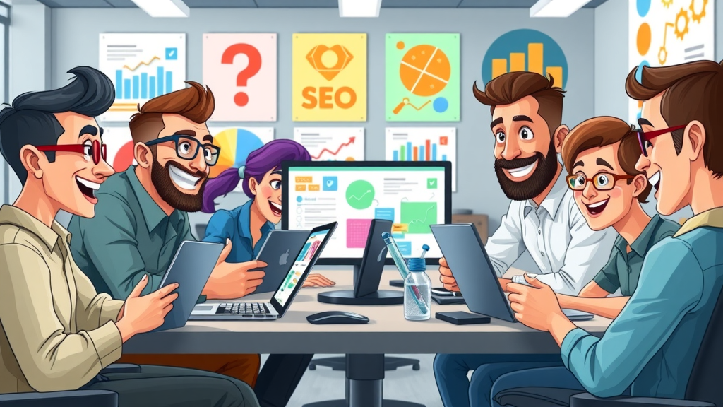 dynamic bloggers collaborating on SEO-optimized blog post with visual imagery and graphics