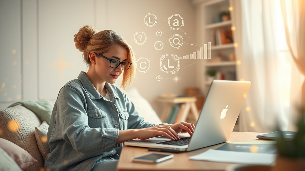 motivated content creator updating blog post with ongoing optimization icons