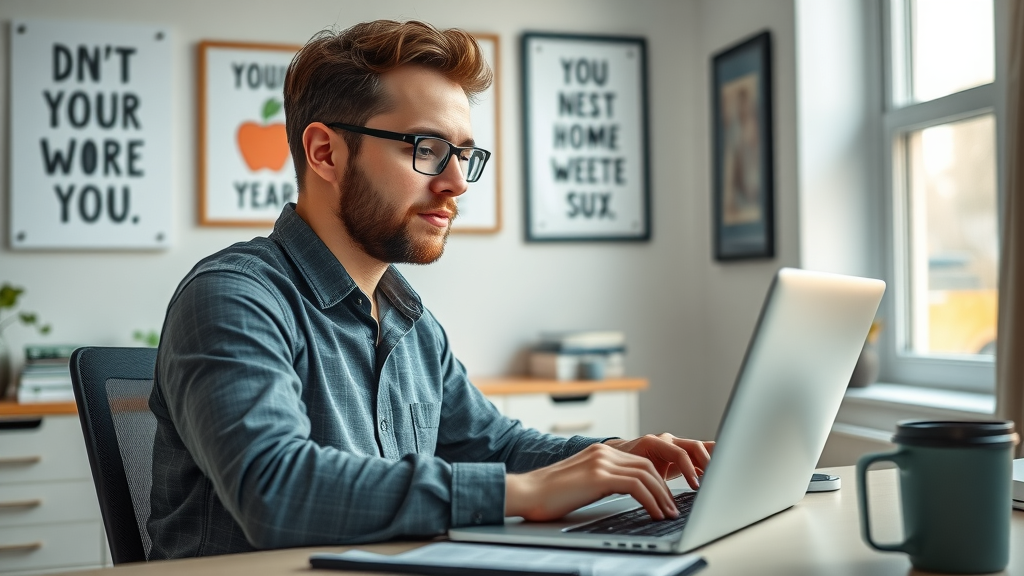 An engaged blogger in a modern home office typing attentively on a laptop to avoid common blogging errors.