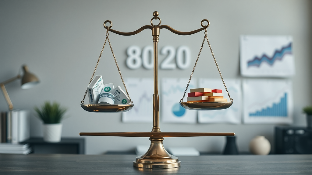 8020 rule blog content strategy, balanced scale, blog content icons, digital data graphs