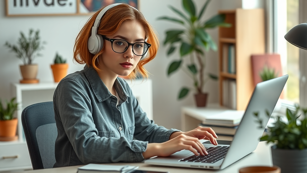 engaging blog writing modern home office blogger focused coffee daylight plants books