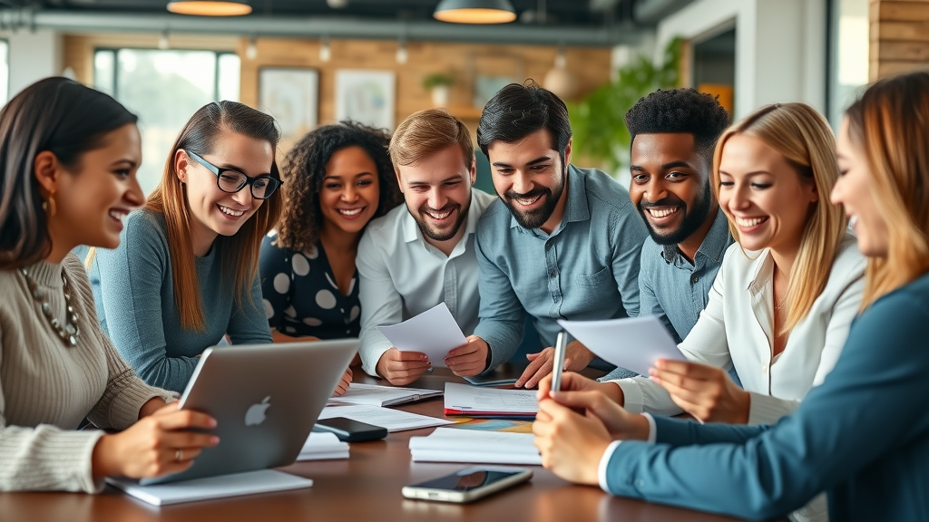 engaging blog writing diverse professionals collaborating laptops friendly co-working