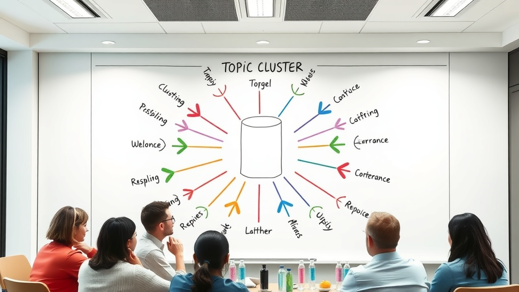 business blog marketing topic cluster diagram with pillar and cluster nodes on whiteboard