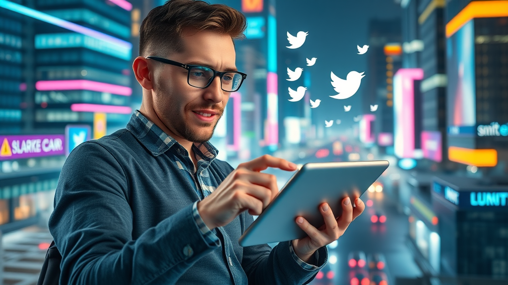amplifying blog content strategy via social media, marketer sharing on digital cityscape, social network holograms