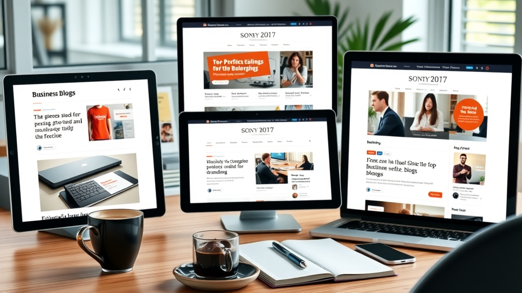 collection of leading business blogs with standout posts and visual branding on device screens