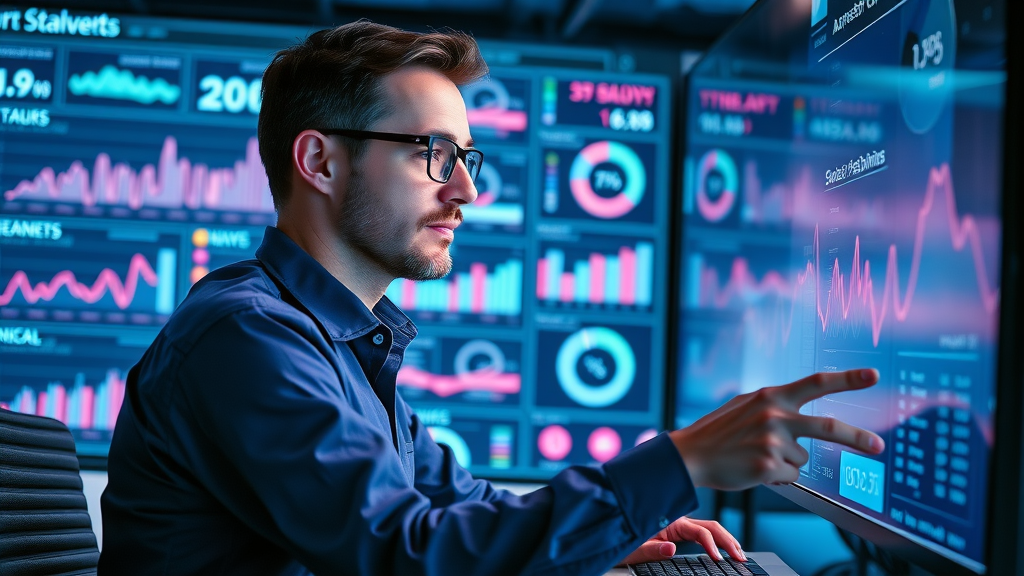 content marketer analytics reviewing charts high-tech dashboard engaging blog writing