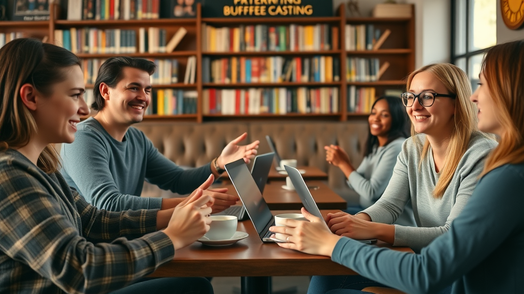 Supportive group of bloggers discussing guest posts and networking to avoid common blogging mistakes.