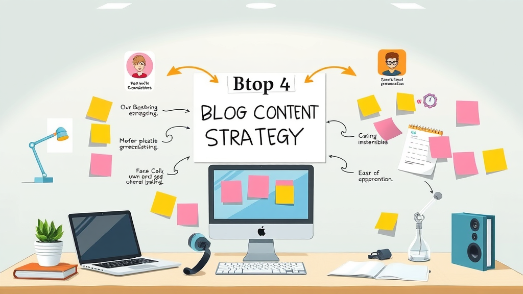 blog content strategy workflow diagram, organized components, Clear conceptual illustration, arrows, icons, pastel colors, modern workflow