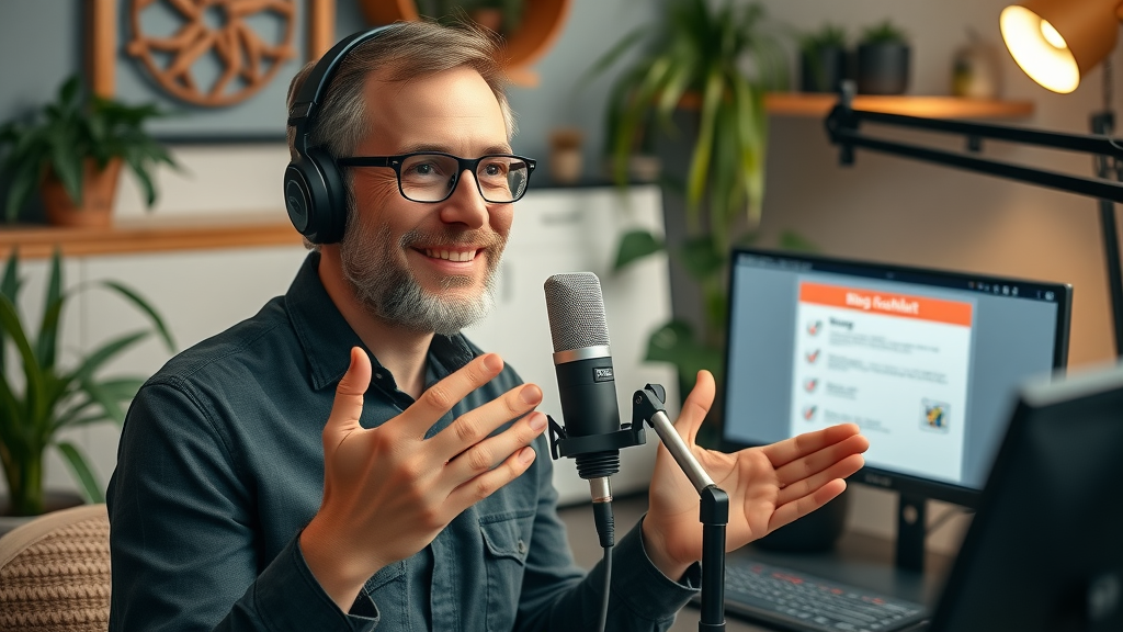 Experienced business blogger recording with blog checklist and studio setup