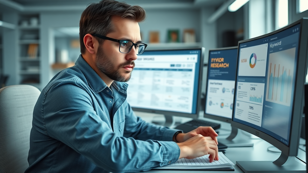 improving blog traffic with focused SEO specialist reviewing keyword research tool