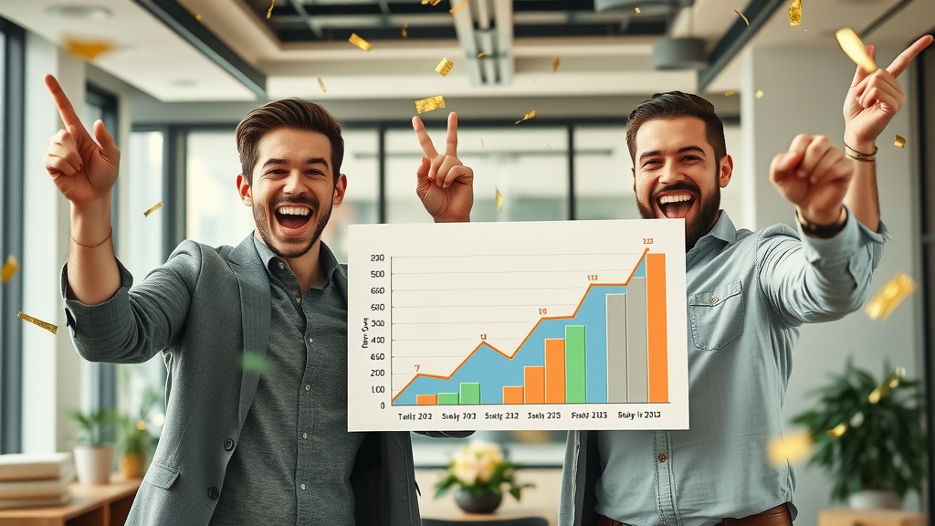 Entrepreneurs celebrating a spike in blog traffic due to SEO for business blogs