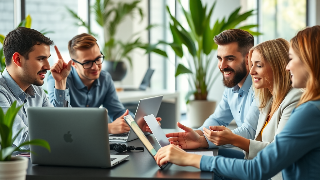 professional bloggers discussing blogging best practices in a modern office