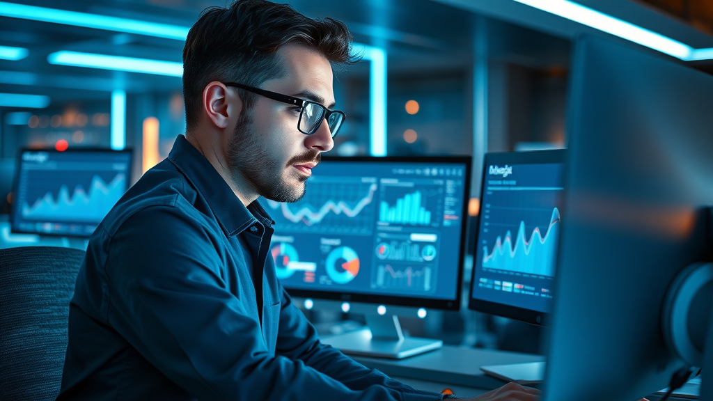 Analyst examining Google Analytics dashboard to track and measure common blogging errors.