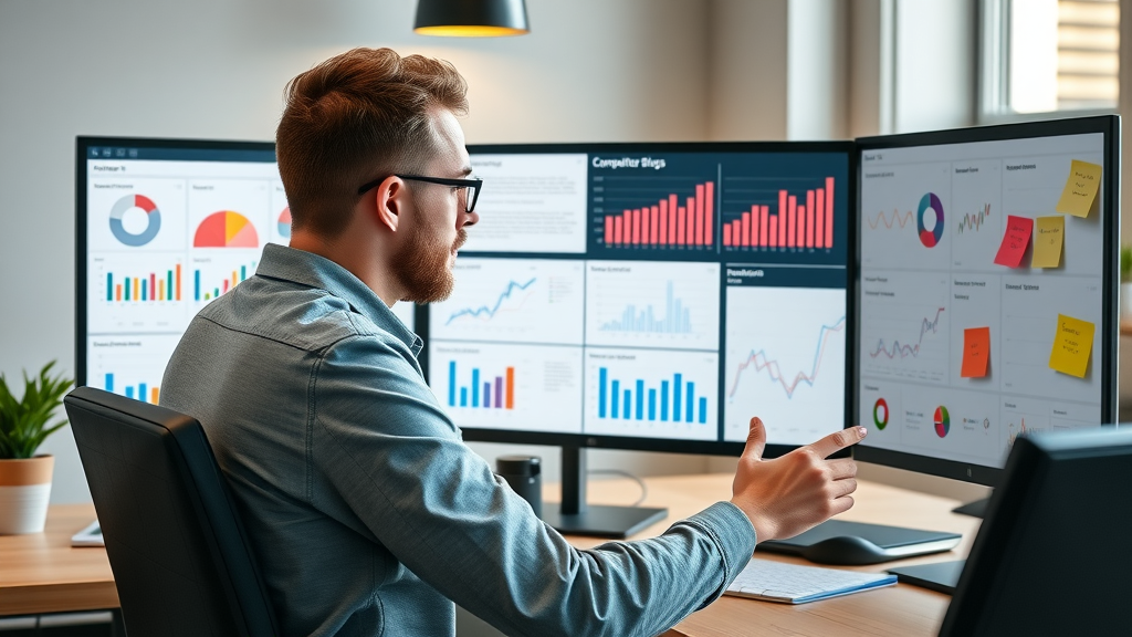 content marketer comparing competitor blogs and analytics for business blog marketing improvement