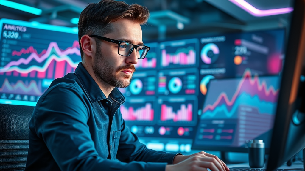Analyst reviewing blog analytics and performance metrics for business blogging tips
