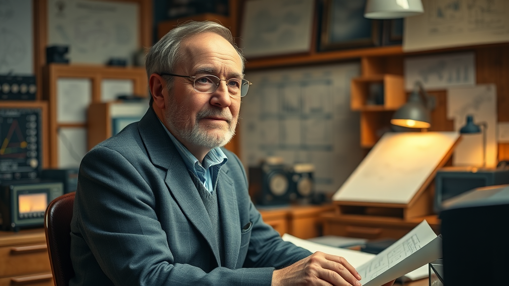 Inspirational portrait of Seymour Cray at a desk with blueprints and vintage electronics, photorealistic mid-century laboratory setting, remembering seymour cray on his 100th birthday