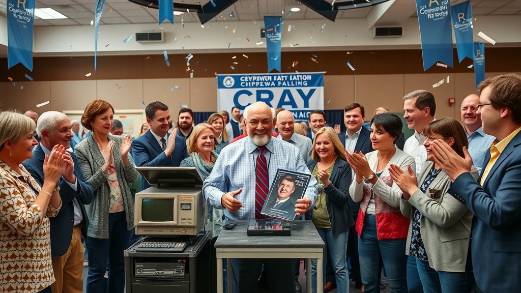 Cheerful community gathering in Chippewa Falls honoring Seymour Cray with vintage computers and memorabilia, remembering seymour cray on his 100th birthday