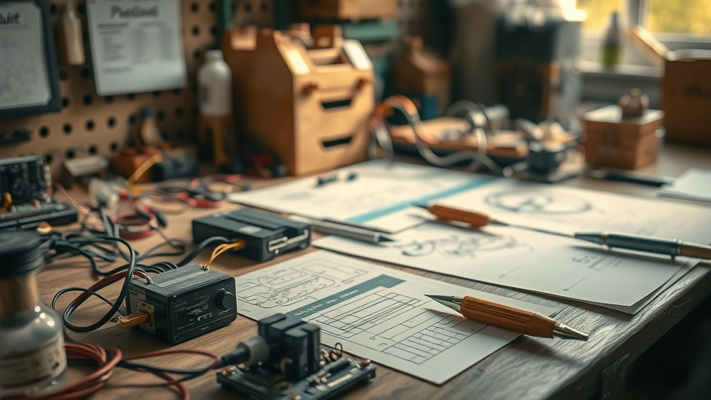 Workspace scene with hand-wired computer circuits and design sketches on desk, remembering seymour cray on his 100th birthday