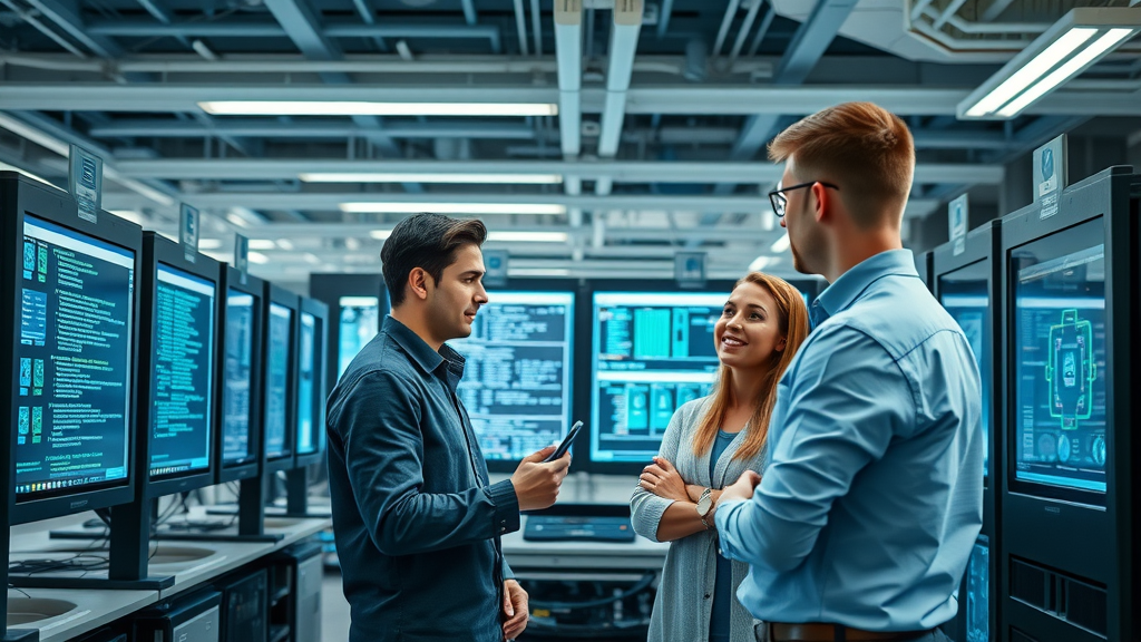Modern supercomputer lab inspired by Cray Research, young professionals collaborate over schematics for the fastest computers, remembering seymour cray on his 100th birthday